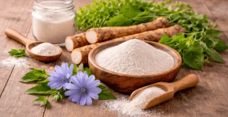 Chicory root inulin powder with fresh roots and flower for prebiotic gut health and digestion support