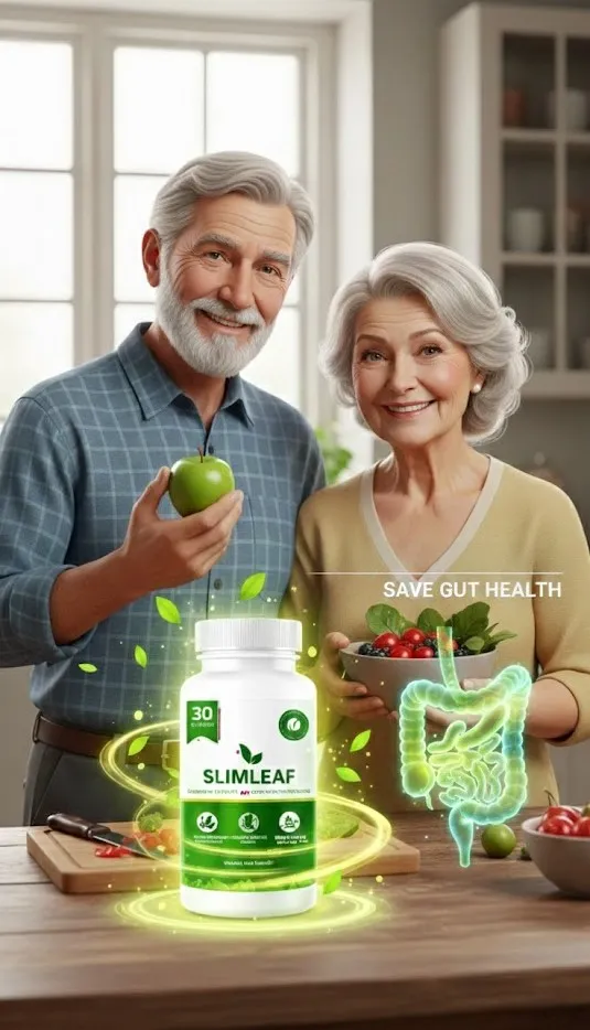 "Healthy senior couple in a kitchen with SlimLeaf supplement and a glowing 3D gut health icon, featuring the text 'SAVE GUT HEALTH'."