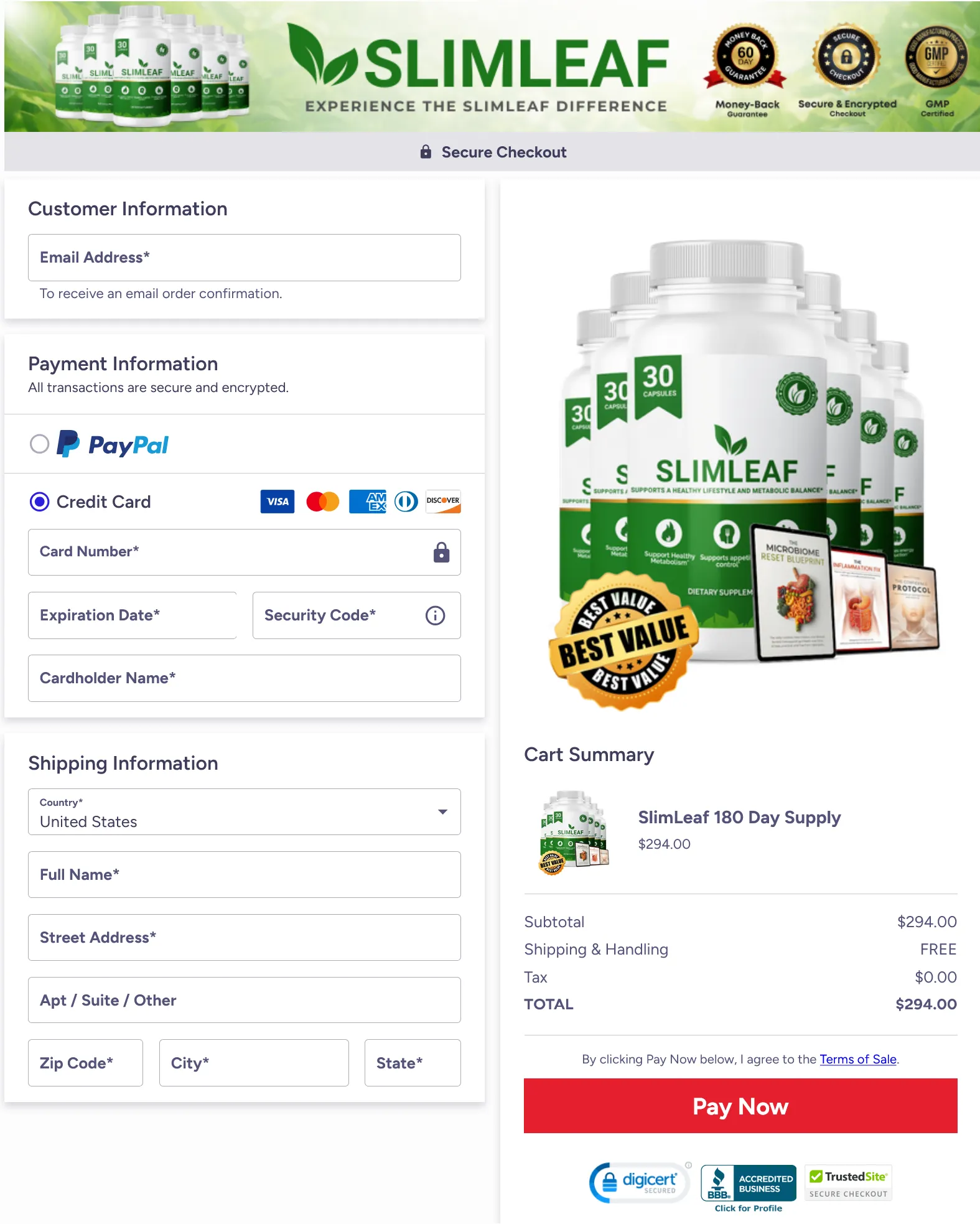 SlimLeaf 6 Bottle Bundle Secure Checkout Page with Discounted Price and Free Shipping