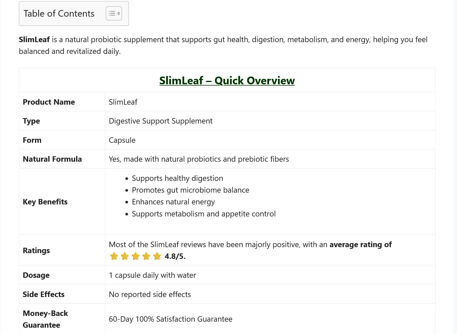 SlimLeaf quick overview table showing benefits for gut health, digestion, metabolism and energy