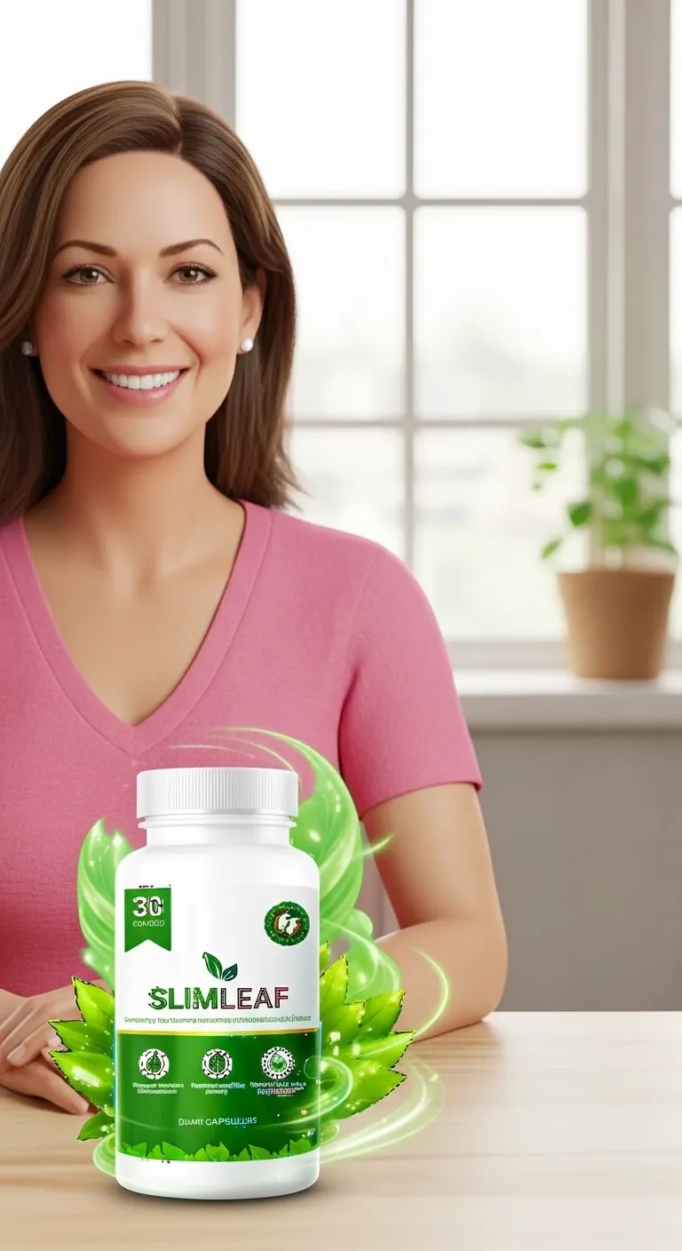 Smiling woman with SlimLeaf supplement bottle promoting gut health, digestion, metabolism and natural energy